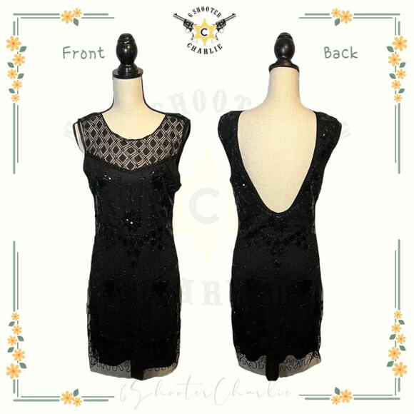 MOLLY BRACKEN Black Sequined Sleeveless Dress Geometric Pattern Sheer Top Large - Picture 1 of 7